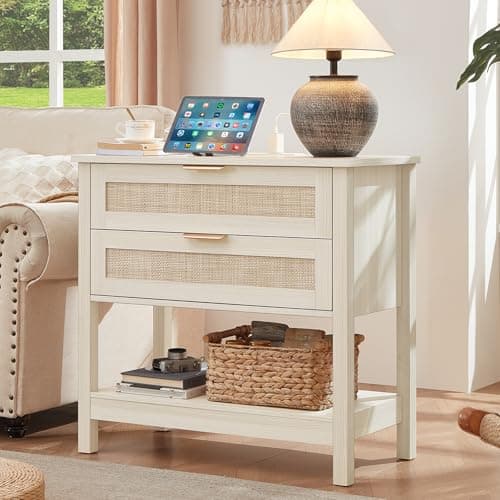 LEYAOYAO 31.5" Wide Rattan Night Stand Set 2 with Charger Station, Oversized Large Boho Nightstand with 2 Drawer, Grey White Bed Side End Tables, Tall Bedside Table for Bedroom Living Room, Hallway - Thumbnail 4