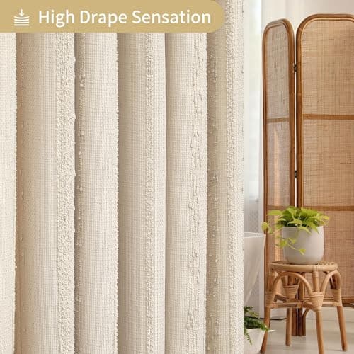 Lameirose Beige Shower Curtain Boho, 72 x 72 Cotton Blend Waffle Weave Stripe Textured Heavy Duty, Fabric Shower Curtain for Bathroom, Hotel, Washable - Thumbnail 4