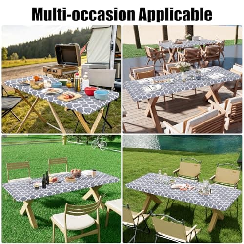 Smiry 2 Pack Rectangle Table Cloth 6 Foot, Waterproof Elastic Fitted Tablecloths, Windproof Washable Polyester Table Cover for Picnic, Camping, Outdoor (Grey, 30"x72") - Thumbnail 6