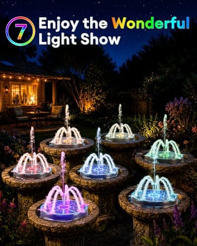 3.5W Solar Fountain,Upgraded 100% Glass Panel Solar Bird Bath Fountain with 2000mAh Battery,7 Color RGB LED Lights & 6 Nozzles,Solar Fountain for Bird Bath,Garden, Pond, Pool, Outdoor Decor(Blue) - Thumbnail 4
