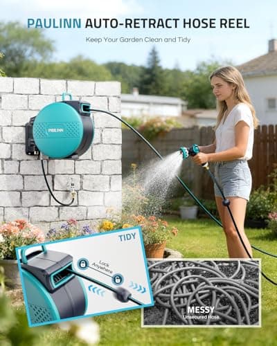 PAULINN Retractable Garden Hose Reel 1/2 Inch x 100 ft, Heavy Duty Wall Mounted Automatic Hose Reel with 10 Patterns Nozzle, Any Length Lock, Slow Return System, 180° Swivel Bracket & UV Resistant - Thumbnail 2