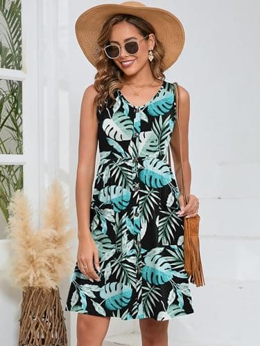 Heymoments Women Summer Dress Rainforest XX-Large Sleeveless V Neck Casual Cute Loose Sundress Comfy Swing Button Down Midi Work Flowy Tunic Ladies Beach Vacation Teacher Dresses with Pockets - Thumbnail 3