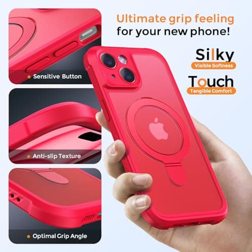 MOCCA Design for iPhone 15 Case with Magnetic Invisible Stand [Full Camera Protection] [Compatible with Magsafe] Military Drop Shockproof Translucent Matte Phone Case Cover 6.1",Red - Thumbnail 6