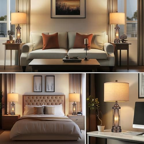 Qimh Farmhouse Table Lamps for Living Room, Rustic Nightstand Lamp for Bedroom with USB A+C Charging Ports, Frosted Glass Bedside Lamp with Night Light for Entryway End Table, 4 Bulbs Included, Bronze - Thumbnail 5