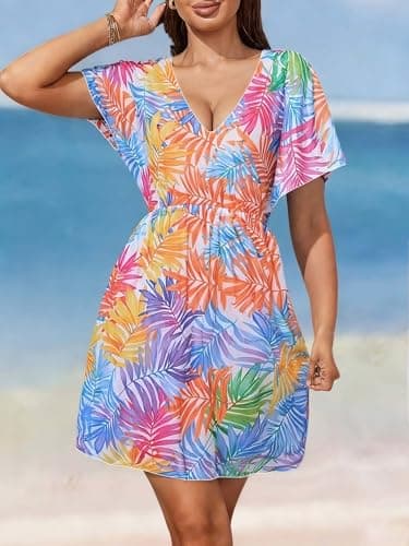 Women's Tropical Leaf Print V-Neck Beach Swim Cover-Up – Short Sleeve Loose Fit (Tropical Multicolor, XXL) - Thumbnail 6