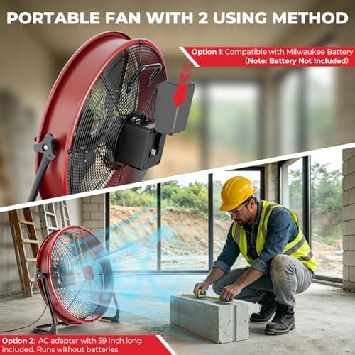 T-SUN 16" Battery Power Floor Fan Compatible with Milwaukee Battery, Portable Fan with AC Adapter and USB Output, Stepless Speed Cordless Fan, Metal High Velocity for Jobsite Outdoor Camping - Thumbnail 2