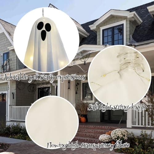 Halloween Hanging Ghost Lights Decorations, Warm White LED, Swinging Ghost Home Decor, 3 Modes Adjustable, Party Garden Yard Scary Cute Spooky Gifts (White 2Pack) - Thumbnail 6