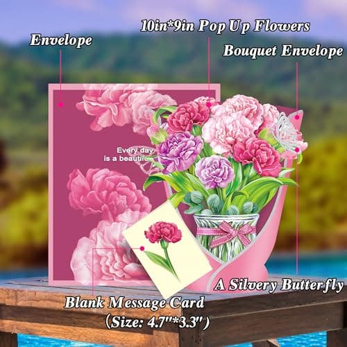 Airpark Pop Up Flower Cards, 3D Paper Flowers Bouquet Birthday Card 10’‘ with Blank Note and Envelope, Mother's Day, Get Well Greeting, Anniversary, Thank You Gifts Cards for Women Mom Girls Friends, Pink Carnations - Thumbnail 4