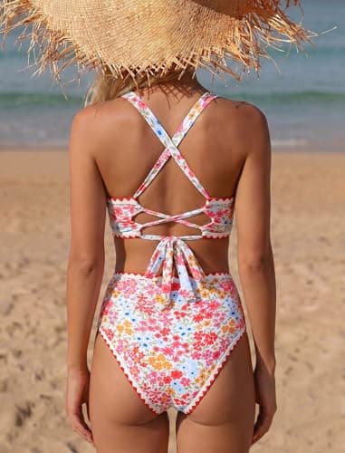 ZAFUL Womens High Waisted Bikini Sets Floral Print Whip Stitch 2 Piece Swimsuits V-Neck Crisscross Tie Back Bathing Suit Red Small - Thumbnail 2