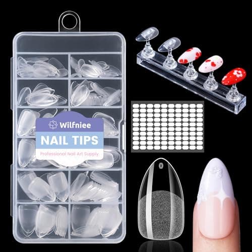 Wilfniee Medium Almond Nail Tips: 240PCS Soft Gel Clear Almond Pre-Shaped Nails Tips with Nail Stand, 12 Sizes Full Cover Fake Press on Nails for Acrylic Nail Tip Home DIY Salon Nails