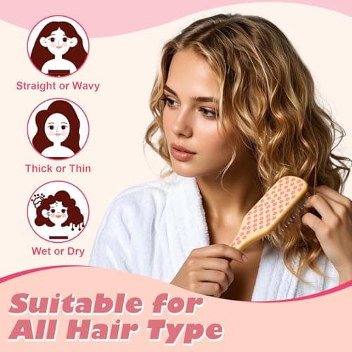 SunHer Wooden Hair Brush for Women - Detangling Hair Brush for Wet or Dry Use, Pink Hairbrush for Curly Hair Long Thick All Type Girls Kids Massage Scalp, Perfect for Gift - Thumbnail 4