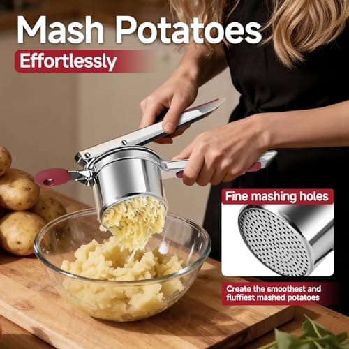 Potato Ricer for Mashed Potatoes-Stainless Steel 15oz Large Capacity,All Clad,Heavy Duty,Ergonomic Handle for Spaetzle,Oranges, Lemons, Pumpkins, Carrots, Avocados(RED) - Thumbnail 2