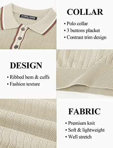 PJ PAUL JONES Men's Knitted Polo Shirts Casual Lapel Collared Button Up Golf Polo Tee Shirts Clothes for Men Summer Beige M - Thumbnail 5