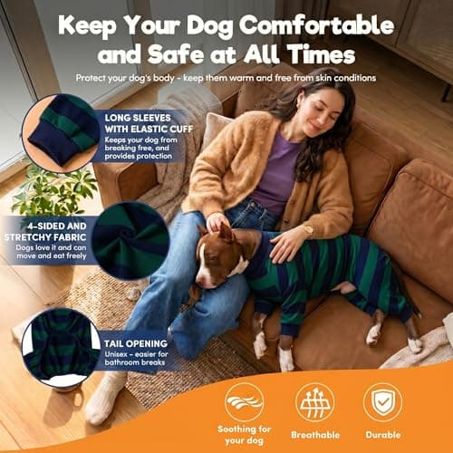 LovinPet Large Dog Pajamas Bodysuit, Lightweight Stretchy Knit Pullover Dog Onesie, Pet Pajamas for Dogs, Green and Black Stripe Print Dog Shirt, UV Protection, Stop Shedding for Dogs, Pet PJ's, L - Thumbnail 6