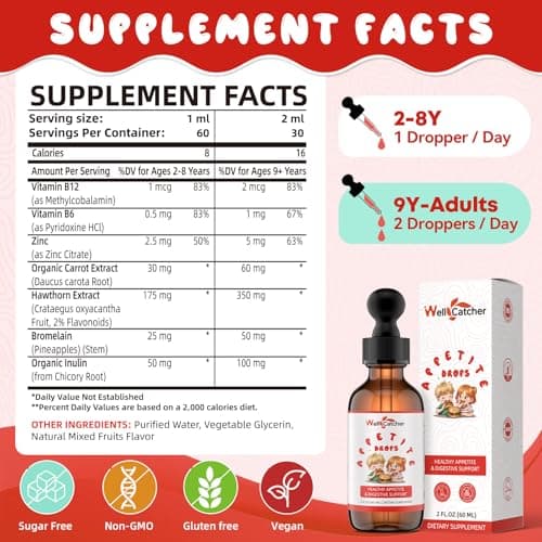 Wellcatcher Appetite Booster Drops for Kids Adults: Picky Eater Vitamins Support Gut Health Height Growth & Nutritional Balance with Bromelain Hawthorn Zinc, Sugar Free Vegan 60ML - Thumbnail 2