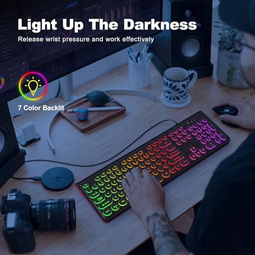 Atelus USB Wired Keyboard with Backlit 7-Colors, Full Size Keyboard with Retro Keycaps, Numeric Keypad and Media Hotkey for Computer Desktop PC Laptop and Windows 7 8 10 11 - Thumbnail 2