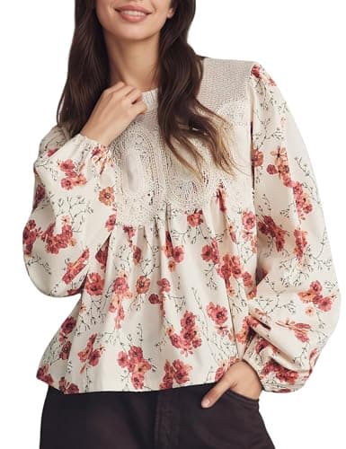 PUWEI Womens Boho Floral Blouse Long Lantern Sleeve Crew Neck Lace Crochet Hollow Out Babydoll Loose Swing Peasant Tops (White-S) - Image 1