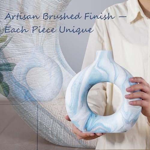 Ceramic Donut Vase Set of 2, Light Blue & White Ring Centerpiece for Pampas Grass, Modern Boho Hugging Snuggle Design, Small Blue Flower Holder for Shelf, Mantel, Wedding Table Decor（8.86"H & 7.09"H） - Thumbnail 2