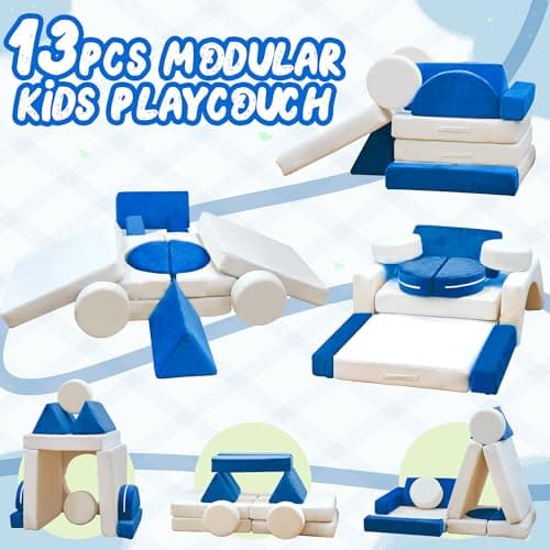 Stmoze 13PCS Modular Kids Play Couch, Kids Couch with Washable Velvet Cover, 5 Seconds Instant Expansion,Convertible Foam and Floor Cushion for Nursery Playroom, Blue & Beige - Thumbnail 3
