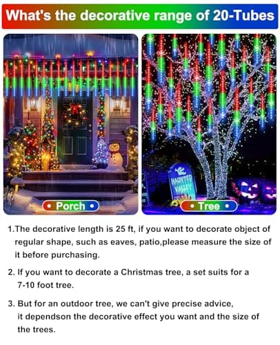 EAGWELL Christmas Lights Outdoor UL Certified Meteor Shower Light 16 Inch 20 Tubes 960 LED Falling Rain Drop Icicle Snow Cascading Lighting for Xmas Tree Wedding Party Garden Decoration, Colorful - Thumbnail 3
