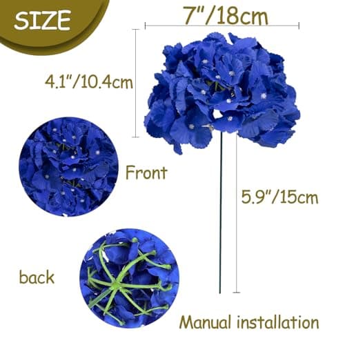 BSMYBO 50pcs Hydrangea Artificial Flowers Royal Blue Faux Hydrangea Flowers Heads with Stems Silk Flowers for Wedding Arch, Table Centerpieces, Home, Garden, Baby Shower, Party Decor - Thumbnail 3