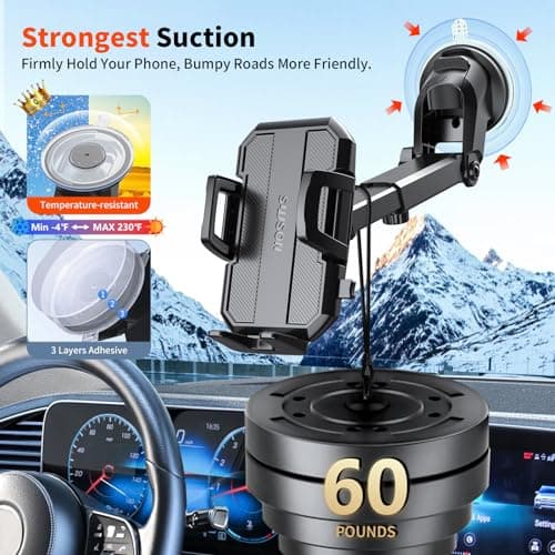 SUUSON Upgraded 3-in-1 Car Phone Holder Mount [Powerful Suction] Phone Mount for Car Dashboard Air Vent Windshield,for All iPhone Android Phone (Black) - Thumbnail 5