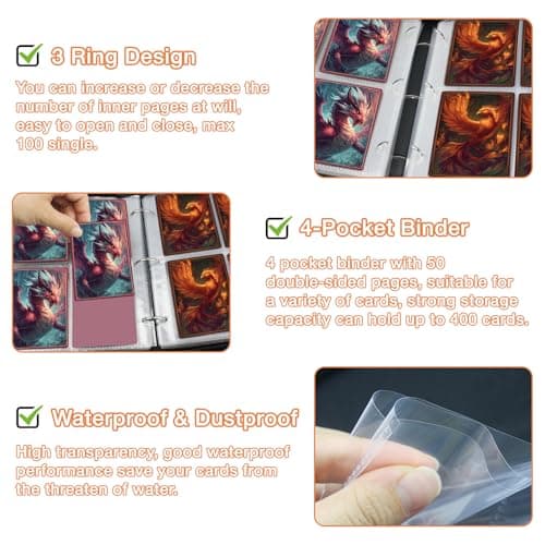 Trading Card Binder 400 Pockets, TCG Card Album for Standard Size Game Cards, Sports Card, Fits 400 Cards with 50 Removable Sleeves, Portable Card Book for Collectors, Glacial Alpha 400p - Thumbnail 5