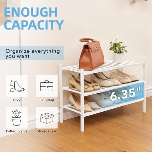 Buymoth 3 Tier Bamboo Shoe Rack Storage Organizer for Closet, Multifunctional Stackable Free Standing Shoe Shelf Organizer for Small Space,Entryway, Hallway, Bathroom27 x11 x20 (White, 3 Tier) - Thumbnail 5