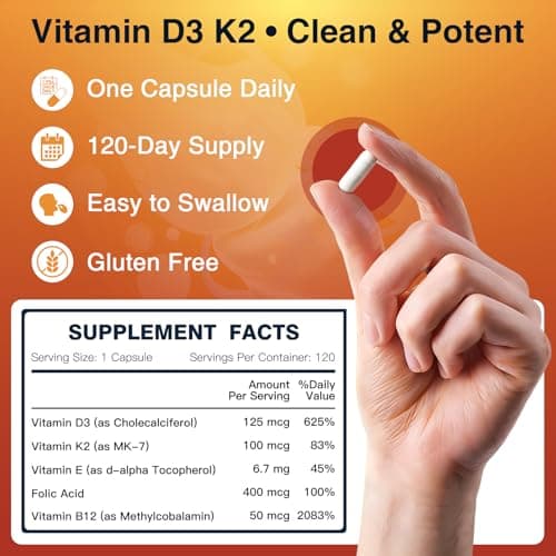 DRFOSTER Vitamin D3 K2, 5000 IU Vitamin D3 Plus 100 mcg of Vitamin K Supplements for Adults for Heart & Bone Health Support, 120 Capsules - Thumbnail 2