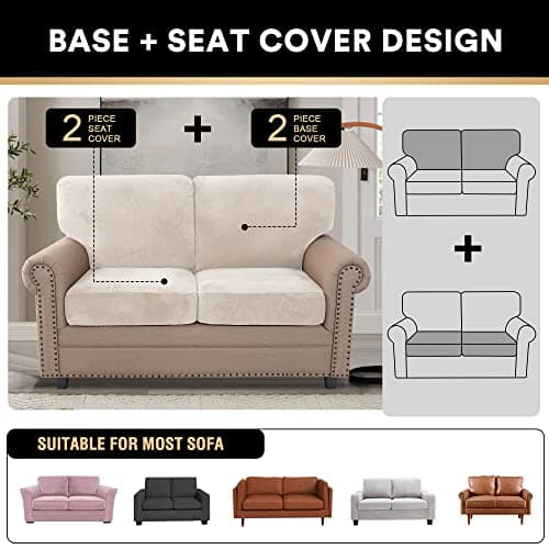 PrinceDeco 4 Piece Luxury Thick Velvet Sofa Covers（2 Base Cover Plus 2 Seat Cushion Covers） Couch Covers for 2 Cushion Couch Sofa Couch Cover for Dogs, Machine Washable(Loveseat, Ivory) - Thumbnail 3