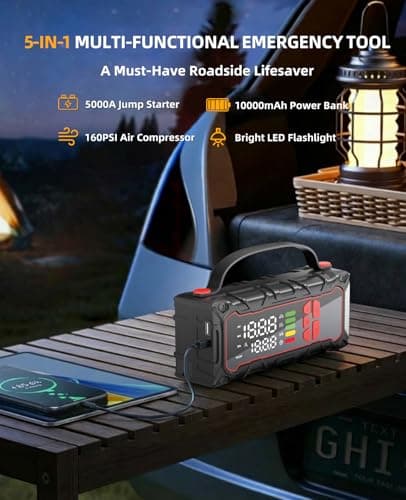 5000A Car Battery Jump Starter with Air Compressor 160PSI, Jumper Starter Portable for 7.0L Gas/6.0L Diesel, Jump Box for Car Battery with Tire Inflator & Power Bank& Jumper Cables, Emergency Kit - Thumbnail 6