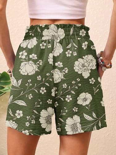 KORSIS Women Shorts High Waist Elastic Summer Lounge Casual Beach Vacation Work Loose Trousers with Pockets Vintage White Floral L - Thumbnail 6