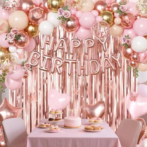 Rose Gold Birthday Decorations, Gold Pink Peach White Balloons Confetti Foil Balloons Happy Birthday Banner Butterfly Fringe Curtains birthday Decorations for Women Teens Girls - Thumbnail 2