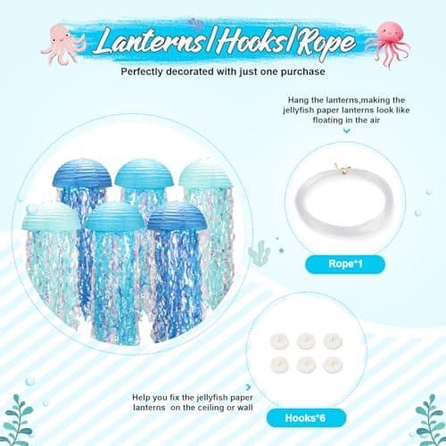Under The Sea Party Decorations,Jellyfish Paper Lanterns with Hooks and Rope,10in Hanging Jelly Fish for Mermaid Birthday,Baby Shower,Ocean Themed Party,Ocean Theme Classroom,Beach Room Decor - Thumbnail 4