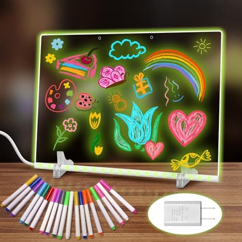 19 Highlighter,Led Note Board with Colors,13.8"X10",4 Modes & 7 Colors Lumiboard Led Drawing Board for Kids,Light Up Sign,Acrylic Dry Erase Board with Stand,Include Adapter,Hanging Chain,Spray Bottle