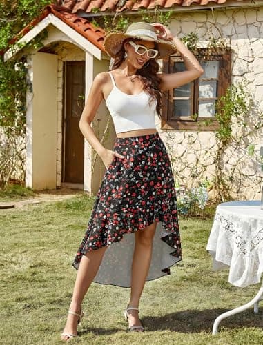 ANRILITA Womens Skirts 2026 Summer Spring Trendy Flowy Elastic Waist Asymmetrical Ruffle High Low Sexy Maxi Long Skirt with Pockets and Lining - Thumbnail 2