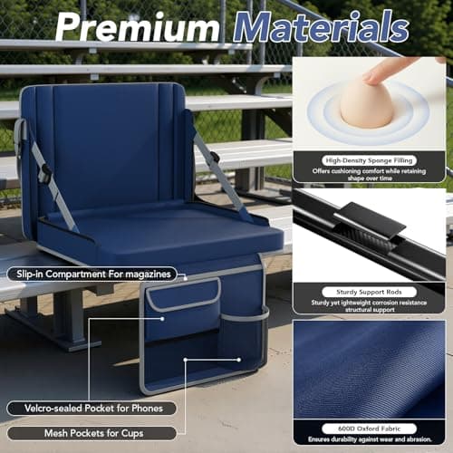 Stadium Seats with Back Support 2PACKS Adjustable Bleacher Chairs with Back and Cushion Bleacher Seat with Cup Holder, Carry Handle & Shoulder Strap for Outdoor Sports Events, Picnics,Large Navy - Thumbnail 5