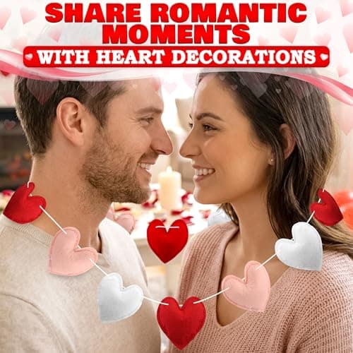 Felt Heart Garland Decorations with 3D Felt Hearts – Adjustable Spacing on 7.3 FT String for Fireplace, Wall or Shelf Styling – Heart Garland for Mantle in Pink, Red and White with 16 Sliding Hearts - Thumbnail 6