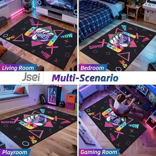 JSEI Gaming Rug for Kids Teens 32"x60" Machine Washable, Video Game Kids Rug with Paw and Controller Pattern, Non-Slip Gaming Floor Carpet Mat for Playroom, Living Room&Bedroom, Black - Thumbnail 6