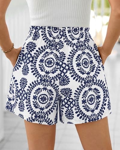 BTFBM Womens Shorts Dressy Casual Summer Spring Outfits 2026 Floral High Waist Wide Leg Loose Boho Vacation Beach Shorts(Navy Blue, Medium) - Thumbnail 3