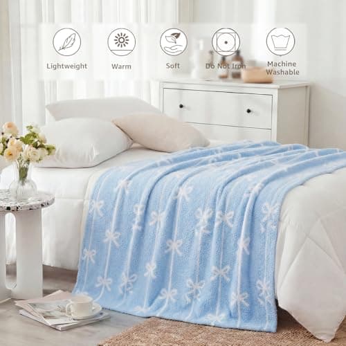 WRENSONGE Blue Bow Throw Blanket Soft Cozy Fluffy Warm Throw for Couch Sofa Bed Camping Picnic Travel Lightweight - 50"*60" - Thumbnail 3