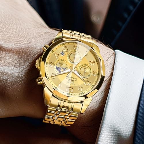 OLEVS Watch Men Luxury Gold Big Face Moon Phase Chronograph Stainless Steel Dress Waterproof Watches for Men Classic Metal Easy Reader Date Analog Quartz Mens Watches Relojes para Hombre - Thumbnail 3