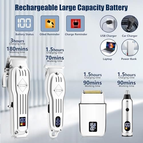 SUNNOW Professional Hair Clippers and Trimmer Set, Beard Trimmer & Foil Shaver & Nose Trimmer Kit for Men, Cordless Mens Clippers and Grooming Kit for Hair Cutting, Beard Styling, Home, Barber - Thumbnail 3