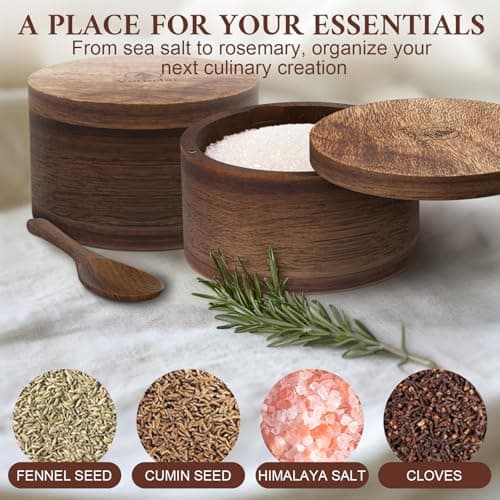 Set of 2 Acacia Wood Salt Container with Built-in Spoon, Elegant Salt Holder with Magnetic Swivel Lid, Each Salt Cellar Box Capacity 6OZ for Kitchen to Storage Pepper, Spice or Favorite Seasonings - Thumbnail 6