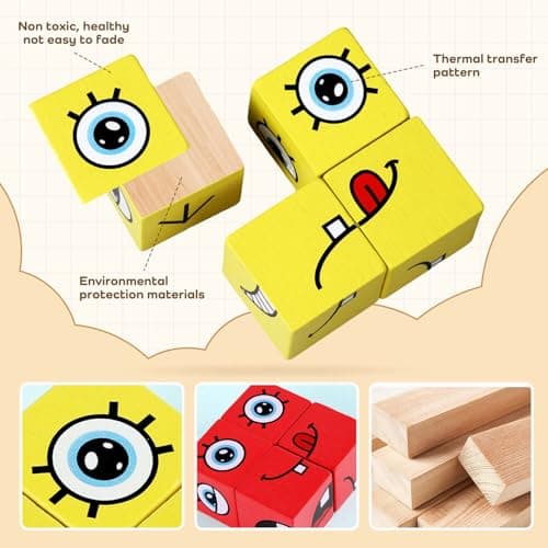 Montessori Puzzle Game for Kids - Wooden Face Changing Magic Cube Game, Educational Face Changing Cubes, 3+ Years (64 Cards, 16 Blocks, 1Bell) - Thumbnail 4