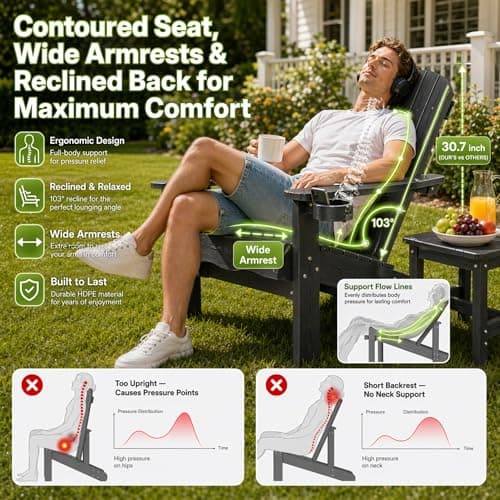 Y&M Adirondack Chair, Black Fire Pit Chairs, Outdoor Patio Chairs with Cup Holder, Weather Resistant HDPE Wooden Textured Patio Chairs, Perfect for Garden, Lawn, Deck, or Poolside - Thumbnail 6