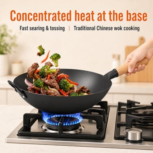 WANGYUANJI 13.4 Inch Round Bottom Carbon Steel Wok, Nitrided Iron Chinese Stir Fry Pan for Gas Wok Burner, Wok Ring Needed for Flat Gas Grates, Wooden Handle - Thumbnail 6