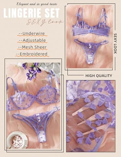 Avidlove Bra and Panty Set for Women Sexy Mesh Sheer Underwire Lingerie Set Lilac XL - Thumbnail 5