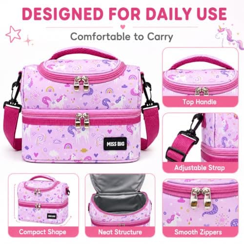 MISS BIG Kids Lunch Bag for Girls, Pink Unicorn Insulated Lunch Bag with Two-Tier Storage, Adjustable Shoulder Strap, Lunch Box Bag for Kids, School, Daycare, Picnic, Travel - Thumbnail 6
