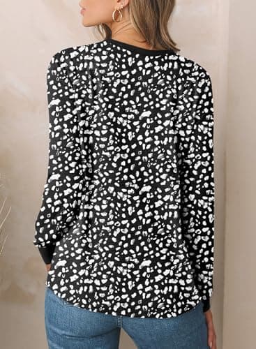 BLENCOT Long Sleeve Tops for Women Crewneck Leopard Print Casual Blouse Trendy Fall Sweatshirt Graphic Tunic Winter Clothing Ladies Blouse XX-Large Polka Dots Black - Thumbnail 4